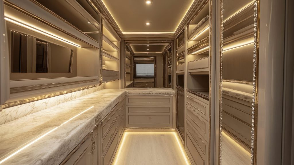 A luxurious interior space with elegant lighting and organized shelving.